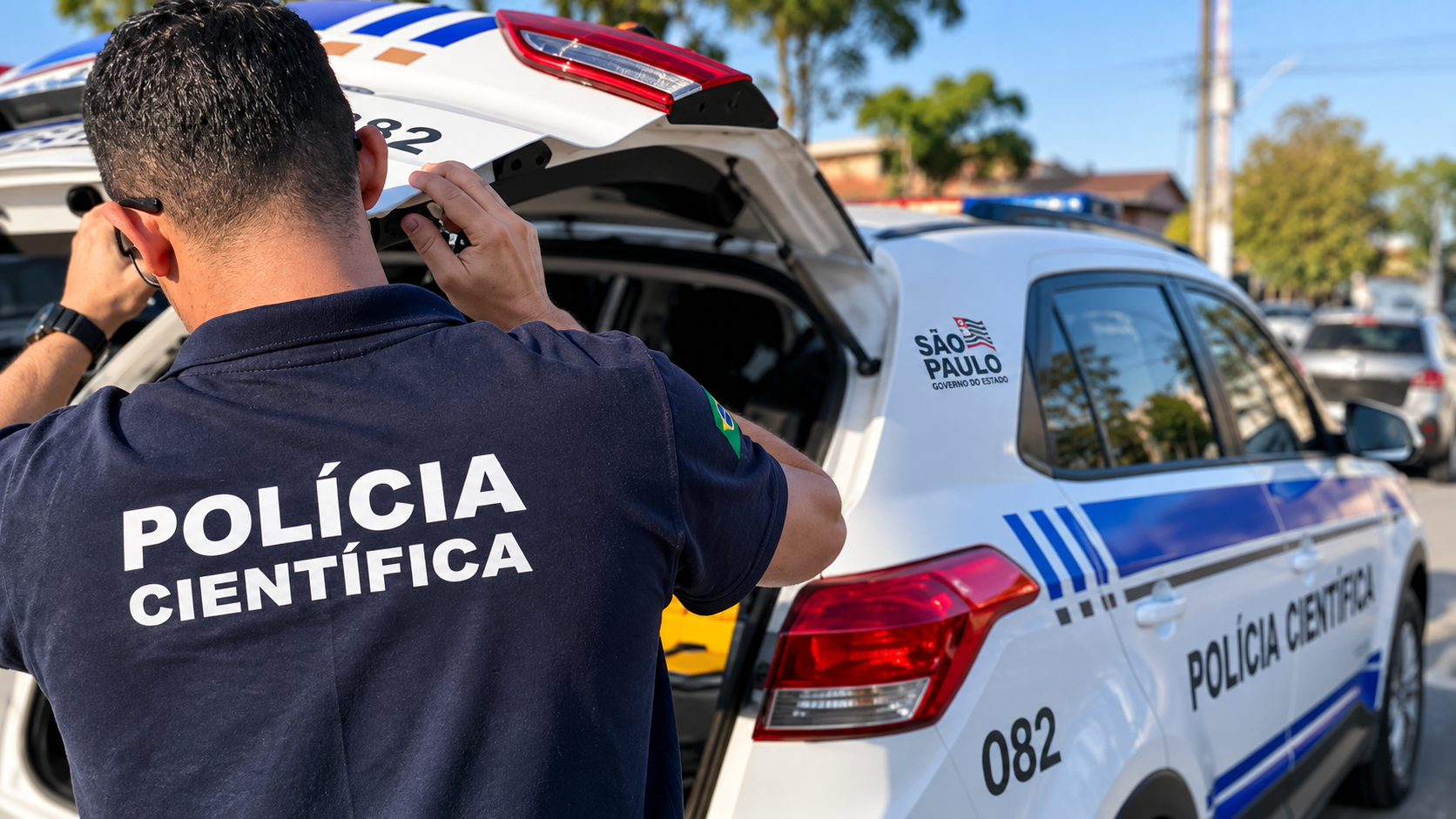 Perito da Polícia Científica de São Paulo trabalhando ao lado de uma viatura